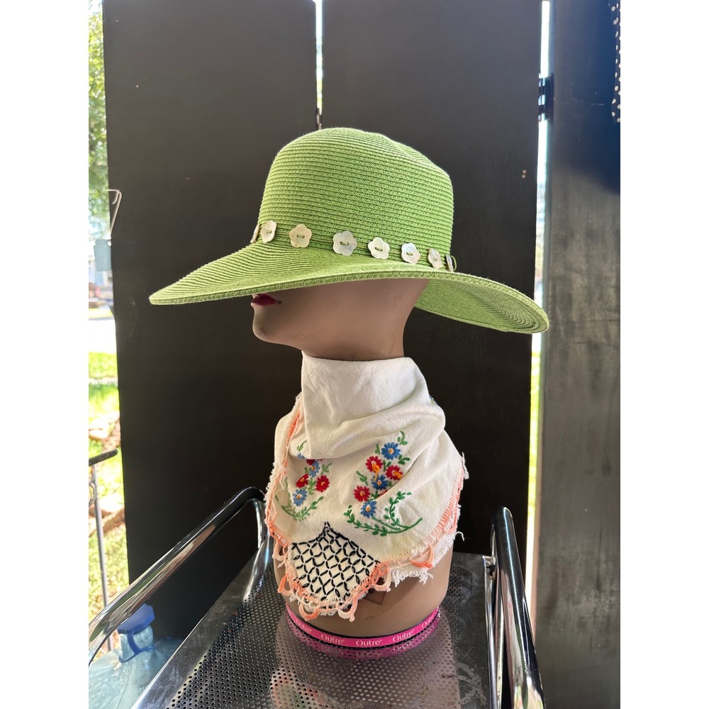 Cappelli Straworld Lime Green Wide Brim Sun Hat Shell Flower Buttons HA2057-301